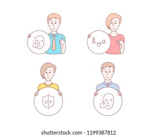 People hand drawn style. Set of Face attention, Uv protection and Balance icons. Healthy face sign. Exclamation mark, Ultraviolet, Concentration. Healthy cosmetics.  Character hold circle button
