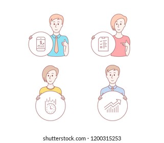 People hand drawn style. Set of Interview, Fast delivery and Mobile finance icons. Demand curve sign. Checklist file, Stopwatch, Phone accounting. Statistical report.  Character hold circle button