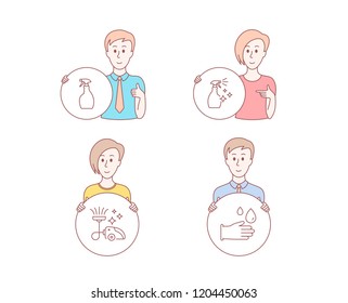 People hand drawn style. Set of Spray, Vacuum cleaner and Washing cleanser icons. Rubber gloves sign. Washing cleanser, Vacuum-clean, Housekeeping spray. Hygiene equipment. Vector