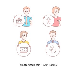 People hand drawn style. Set of Circus tent, Cash money and Education icons. Brainstorming sign. Attraction park, Banking currency, Human idea. Lightning bolt.  Character hold circle button. Vector