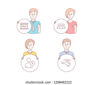 People hand drawn style. Set of Sale, Delete user and Group icons. Helicopter sign. Shopping store, Remove profile, Group of users. Copter.  Character hold circle button. Man with like hand. Vector