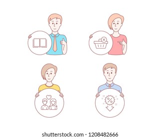 People hand drawn style. Set of Delete purchase, Book and Couple love icons. Discount sign. Remove from basket, E-learning course, People in love. Sale shopping.  Character hold circle button. Vector