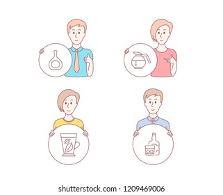 People hand drawn style. Set of Mint leaves, Cognac bottle and Coffeepot icons. Whiskey glass sign. Mentha leaf, Brandy alcohol, Brewed coffee. Scotch drink. Mint leaves vector