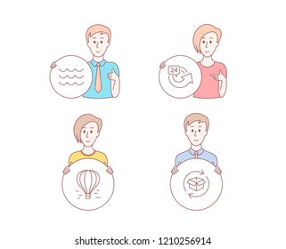 People hand drawn style. Set of 24 hours, Air balloon and Waves icons. Return parcel sign. Repeat, Flight travel, Water wave. Exchange of goods.  Character hold circle button. Man with like hand