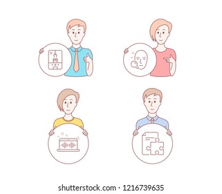 People hand drawn style. Set of Face search, Crane claw machine and Music making icons. Strategy sign. Find user, Attraction park, Dj app. Puzzle.  Character hold circle button. Man with like hand