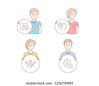 People hand drawn style. Set of Comment, Correct answer and Romantic talk icons. Timer sign. Talk bubbles, Speed symbol, Love chat. Time management.  Character hold circle button. Man with like hand