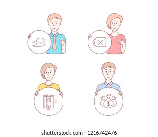 People hand drawn style. Set of Elevator, Checkbox and Remove icons. Check investment sign. Lift, Approved, Delete button. Business report.  Character hold circle button. Man with like hand. Vector