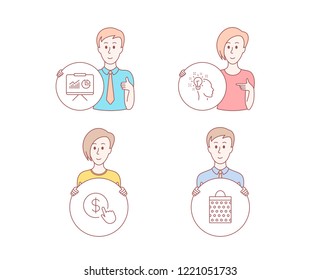 People hand drawn style. Set of Buy currency, Idea and Presentation icons. Shopping bag sign. Money exchange, Creative designer, Board with charts. Paper package.  Character hold circle button