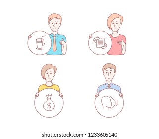 People hand drawn style. Set of Marketing, Cocktail and Money bag icons. Face id sign. Article, Fresh beverage, Usd currency. Identification system.  Character hold circle button. Man with like hand