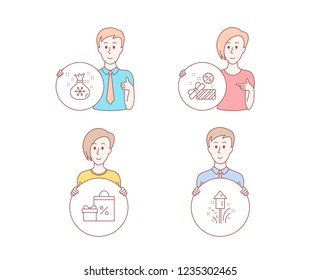People hand drawn style. Set of Sale, Shopping and Santa sack icons. Fireworks sign. Gift box, Gifts and sales, Gifts bag. Christmas pyrotechnic.  Character hold circle button. Man with like hand