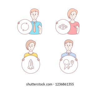 People hand drawn style. Set of Quiz test, Rocket and Full rotation icons. Airplane sign. Select answer, Spaceship, Refresh or reload. Plane.  Character hold circle button. Man with like hand. Vector