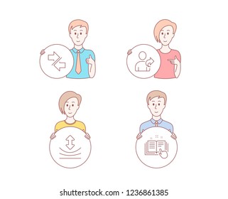 People hand drawn style. Set of Resilience, Synchronize and Refer friend icons. Technical documentation sign. Elastic, Communication arrows, Share. Manual.  Character hold circle button. Vector