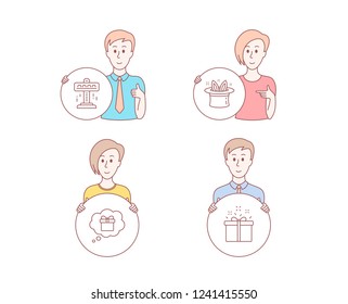People hand drawn style. Set of Attraction, Hat-trick and Gift dream icons. Special offer sign. Free fall, Magic hat, Receive a gift. Delivery box.  Character hold circle button. Man with like hand