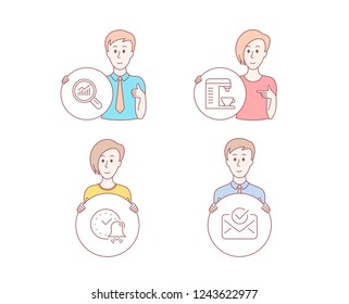 People hand drawn style. Set of Alarm bell, Data analysis and Coffee machine icons. Approved mail sign. Time, Magnifying glass, Cappuccino machine. Confirmed document.  Character hold circle button