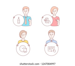 People hand drawn style. Set of Alarm bell, Brandy bottle and Education icons. Read instruction sign. Time, Whiskey, Quick tips. Opened book.  Character hold circle button. Man with like hand. Vector
