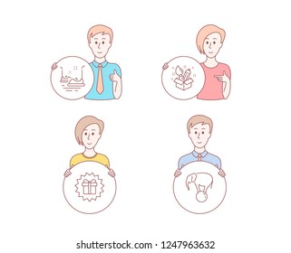 People hand drawn style. Set of Surprise gift, Bumper cars and Creativity icons. Elephant on ball sign. Shopping offer, Carousels, Design idea. Circus show.  Character hold circle button. Vector