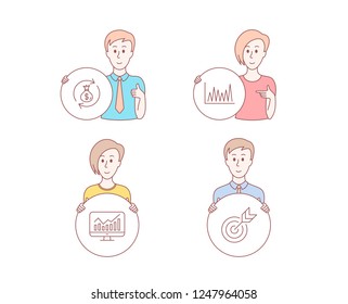 People hand drawn style. Set of Line graph, Money exchange and Statistics icons. Target sign. Market diagram, Cash in bag, Financial report. Targeting.  Character hold circle button. Vector