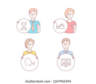 People Hand Drawn Style. Set Of Winner Podium, Human Sing And Candlestick Graph Icons. Online Video Sign. Competition Results, Talk, Finance Chart. Video Exam.  Character Hold Circle Button. Vector