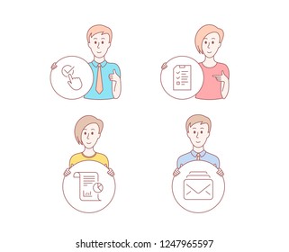 People hand drawn style. Set of Interview, Report and Checkbox icons. Mail sign. Checklist file, Work analysis, Approved. New messages.  Character hold circle button. Man with like hand. Vector