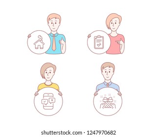 People hand drawn style. Set of Checklist, Home and Phone survey icons. Gift sign. Survey, House building, Mobile quiz test. Present.  Character hold circle button. Man with like hand. Vector