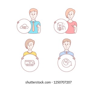 People hand drawn style. Set of Certificate, Bus tour and Quick tips icons. Share idea sign. Certified guarantee, Transport, Helpful tricks. Solution.  Character hold circle button. Man with like hand