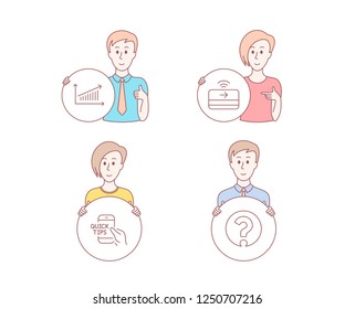 People hand drawn style. Set of Chart, Education and Contactless payment icons. Question mark sign. Presentation chart, Quick tips, Financial payment. Ask support.  Character hold circle button