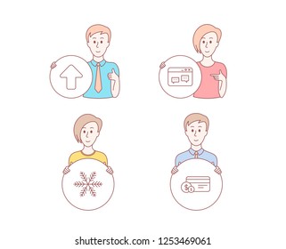 People hand drawn style. Set of Browser window, Upload and Snowflake icons. Payment method sign. Website chat, Load arrowhead, Air conditioning. Cash or non-cash payment.  Character hold circle button