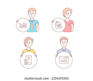 People hand drawn style. Set of Coupons, Investment and Contactless payment icons. Web traffic sign. Shopping tags, Economic statistics, Phone money. Website window.  Character hold circle button