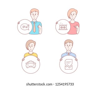 People hand drawn style. Set of Message, Taxi and Music making icons. Corrupted file sign. Speech bubble, Passengers transport, Dj app. Damaged document.  Character hold circle button. Vector