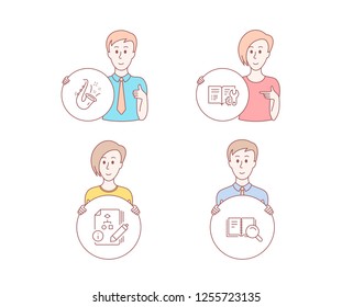 People hand drawn style. Set of Engineering documentation, Jazz and Algorithm icons. Search book sign. Manual, Saxophone, Project. Online education.  Character hold circle button. Man with like hand
