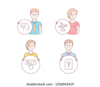 People hand drawn style. Set of Buying, Conversation messages and Good mood icons. Unknown file sign. E-commerce shopping, Communication, Positive thinking. Doc with question mark. Vector
