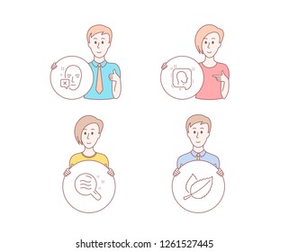 People hand drawn style. Set of Head, Skin condition and Face declined icons. Mint leaves sign. Profile messages, Search magnifier, Identification error. Mentha herbal.  Character hold circle button