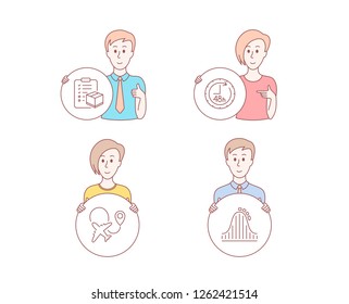 People hand drawn style. Set of Parcel checklist, Airplane and 48 hours icons. Roller coaster sign. Logistics check, Plane, Delivery service. Attraction park.  Character hold circle button. Vector