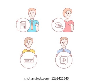 People hand drawn style. Set of Financial documents, Credit card and Quick tips icons. Cogwheel sign. Check docs, Card payment, Helpful tricks. Engineering.  Character hold circle button. Vector