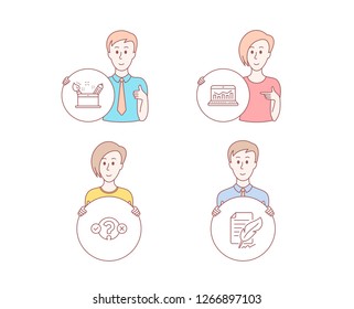 People hand drawn style. Set of Quiz test, Creativity concept and Web analytics icons. Feather signature sign. Select answer, Graphic art, Statistics. Feedback.  Character hold circle button. Vector