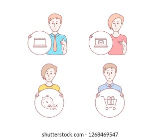 People hand drawn style. Set of E-mail, Quick tips and Notebook icons. Shopping cart sign. New message, Helpful tricks, Laptop computer. Gift box.  Character hold circle button. Man with like hand
