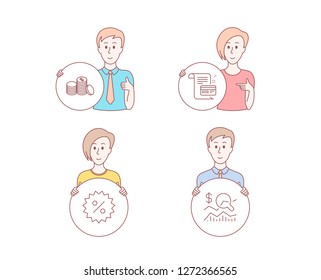 People hand drawn style. Set of Discount, Banking money and Payment card icons. Check investment sign. Special offer, Cash finance, Agreement conditions. Business report.  Character hold circle button