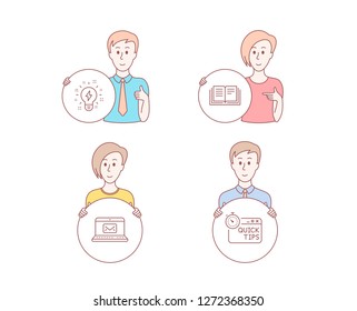 People hand drawn style. Set of Inspiration, E-mail and Education icons. Quick tips sign. Creativity, New message, Instruction book. Helpful tricks.  Character hold circle button. Man with like hand