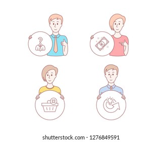 People hand drawn style. Set of Delete order, Hiring employees and Euro money icons. Share idea sign. Clean basket, Human resources, Cash. Solution.  Character hold circle button. Man with like hand