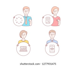 People hand drawn style. Set of Web analytics, Maximize and Love chat icons. Smartphone buying sign. Statistics, Full screen, Smartphone. Website shopping.  Character hold circle button. Vector