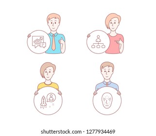 People hand drawn style. Set of Management, Accounting and Startup icons. Face biometrics sign. Agent, Supply and demand, Developer. Facial recognition.  Character hold circle button. Vector