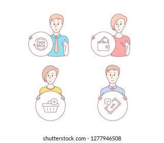 People hand drawn style. Set of Add purchase, Cashback and Wallet icons. Accepted payment sign. Shopping order, Refund commission, Usd cash. Bank transfer.  Character hold circle button. Vector