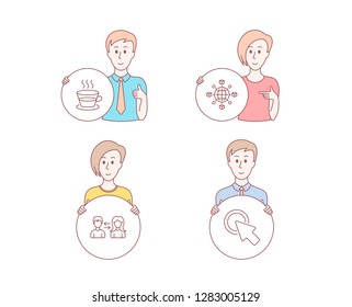People hand drawn style. Set of Coffee cup, Logistics network and People communication icons. Click here sign. Tea mug, International tracking, People talking. Push button. Vector