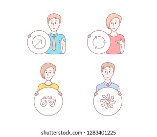 People hand drawn style. Set of Direction, Tractor and Recycling icons. Versatile sign. Navigation pointer, Farm transport, Reduce waste. Multifunction.  Character hold circle button. Vector