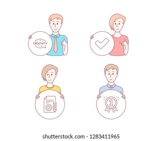People hand drawn style. Set of Creativity, Documentation and Tick icons. Reward sign. Inspiration, Project, Confirm check. First place.  Character hold circle button. Man with like hand. Vector