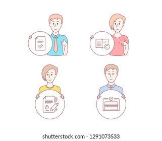 People hand drawn style. Set of Approved checklist, Copywriting and Copyright icons. Parking garage sign. Accepted message, Ð¡opyright signature, Copywriting book. Automatic door. Vector