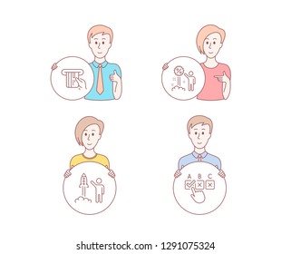 People hand drawn style. Set of Discount, Launch project and Credit card icons. Correct checkbox sign. Sale shopping, Business innovation, Atm payment. Answer.  Character hold circle button. Vector