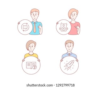 People hand drawn style. Set of Update comments, Speakers and Help icons. Startup rocket sign. Chat speech bubble, Sound, Documentation. Business innovation.  Character hold circle button. Vector