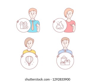 People hand drawn style. Set of Hot sale, Air balloon and Add gift icons. Shopping sign. Shopping flame, Sky travelling, Present box. Holiday packages.  Character hold circle button. Vector