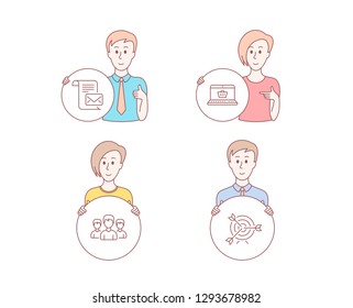 People hand drawn style. Set of Mail letter, Group and Online shopping icons. Target sign. Read e-mail, Group of people, Notebook with shopping cart. Targeting.  Character hold circle button. Vector